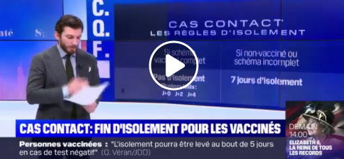 Covid-19: fin de l'isolement pour les cas contacts vaccinés Isolement pour les non-vaccinés